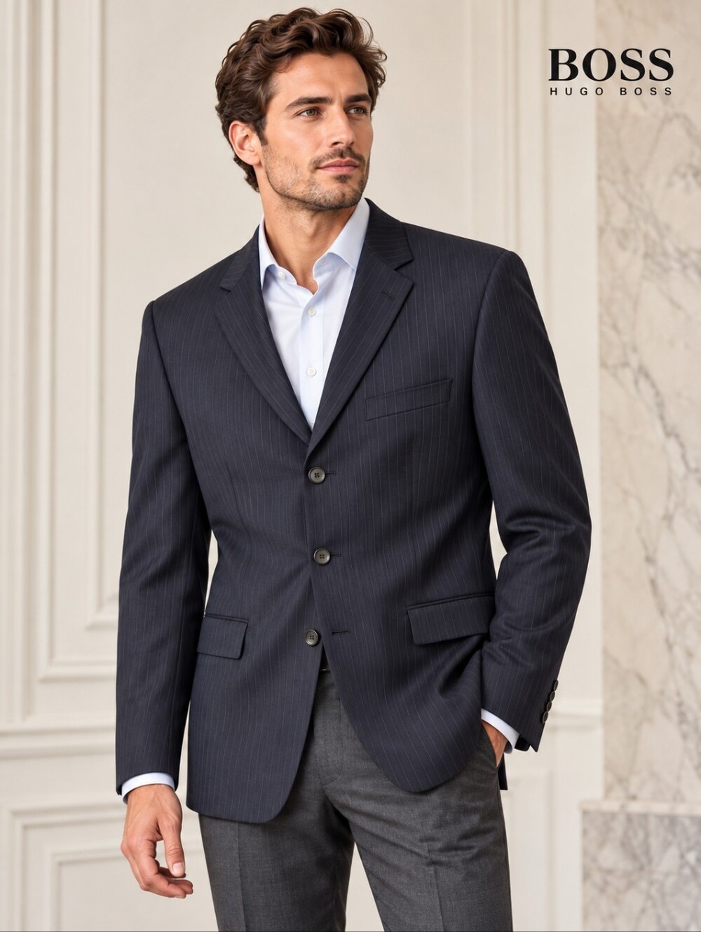 EUC Hugo Boss 38R Virgin Wool Navy Pinstripe 3 Button Formal Business Blazer